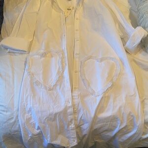 Maeve Classic White Button-Up Shirt Dress with heart pockets